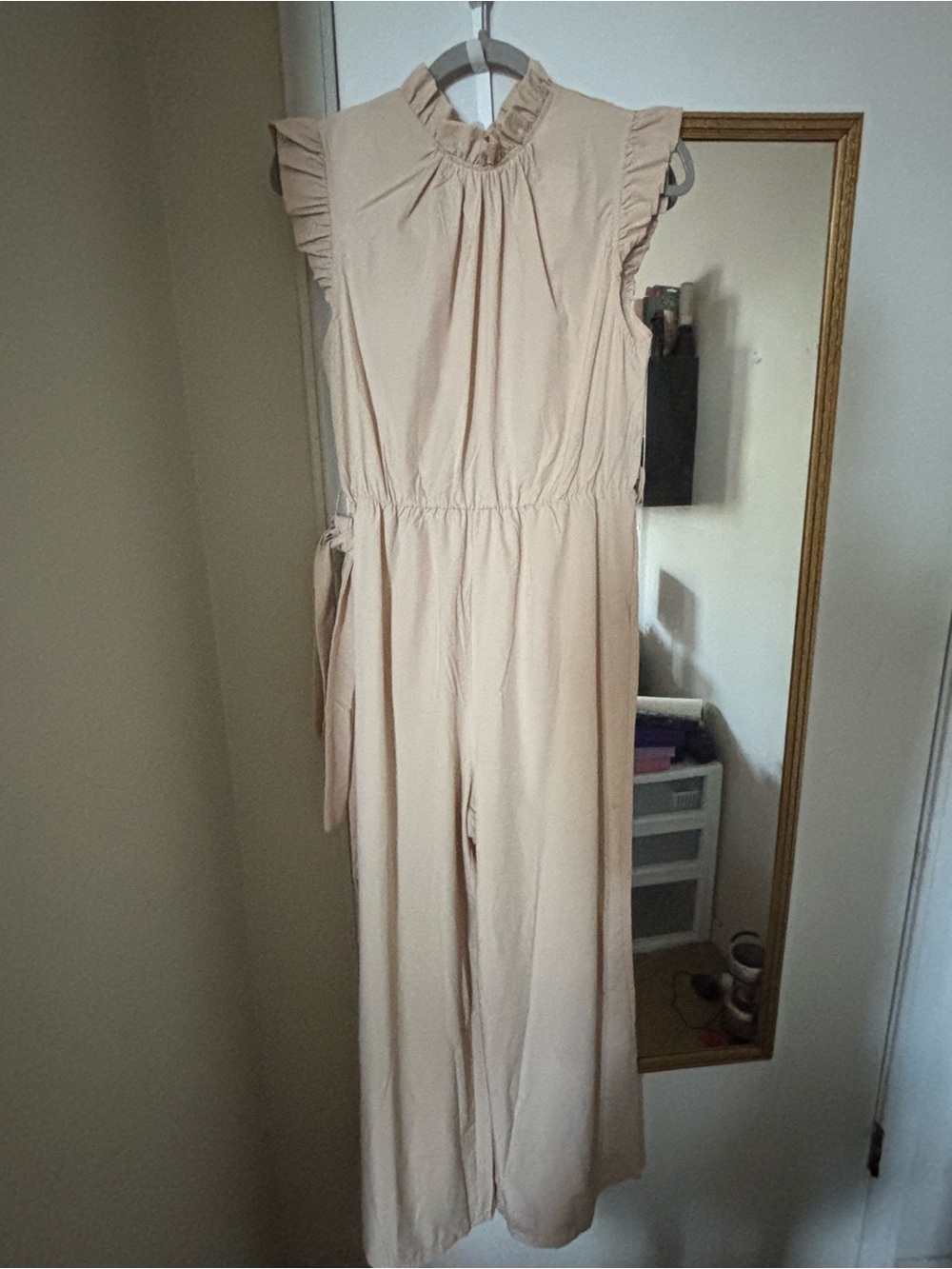 2-Way Wear Pleated Wide Leg Jumpsuit Cream Ruffle Sleeve FLAWS